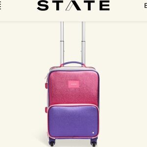 State Bags Mini Logan kids carryon 4 wheel roller suitcase, metallic pink/purple